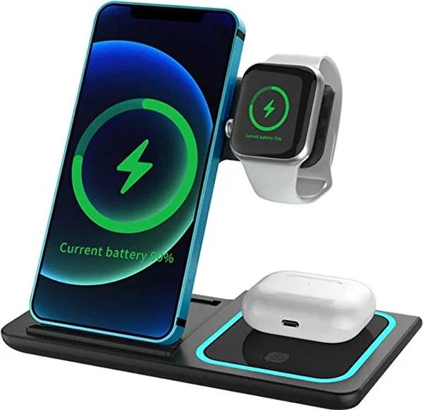7. iPhone, Apple Watch, Airpods Uyumlu Mavi LED Işıklı Kablosuz Şarj Standı