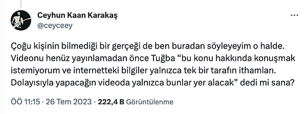 Ceyhun ise bu paylaşıma sessiz kalmayarak mentionların altına koştu. Haliyle eşi Tuğba'yı savundu.