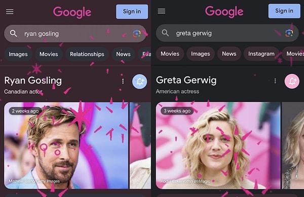 2. Google'da yönetmen Greta Gerwig ile başrol oyuncuları Margot Robbie ve Ryan Gosling'in isimlerini arattığınız zaman logo rengi pembe oluyor, pembe konfetiler patlıyordu.