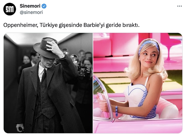 Vizyona girdiklerinden beri Türkiye'de iki filmin izlenme sayısı da haliyle sıkı bir şekilde takip edildi. Twitter'da @sinemori adlı profil ise sonunda Oppenheimer'ın Türkiye gişesinde Barbie'yi geride bıraktığını açıkladı. Peki bu habere kullanıcılardan ne tepki geldi? Gelin bu zafer goygoyuna hep birlikte bakalım.