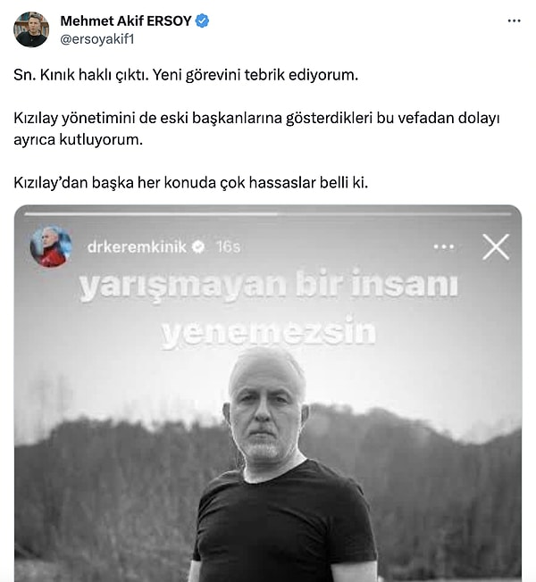 Göndermeli bir paylaşım yapan Ersoy, "Kızılay yönetimini de eski başkanlarına gösterdikleri bu vefadan dolayı ayrıca kutluyorum.   Kızılay’dan başka her konuda çok hassaslar belli ki." dedi.