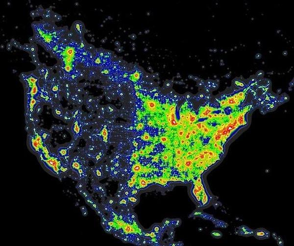 10. Kuzey Amerika'nın ışık kirliliği haritası👇