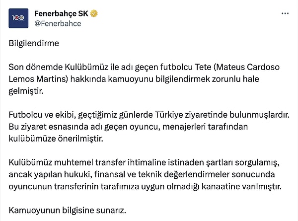 Fenerbahçe Tete transferinden vazgeçtiğini sosyal medya üzerinden taraftarlara duyurdu. Açıklama şöyleydi