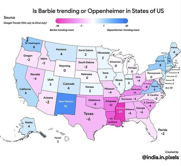 2. Amerika'daki eyaletlerde, Barbie ve Oppenheimer filmlerinin popülerlik trendi.