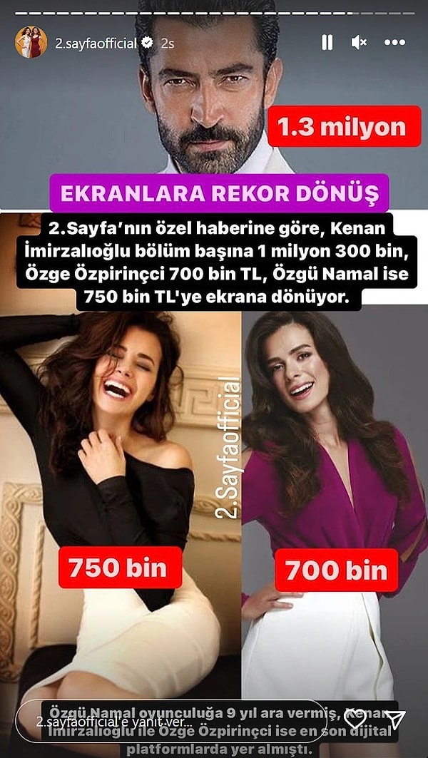 2. Sayfa'nın haberine göre Özge Özpirinçci 700 bin TL, Özgü Namal 750 bin TL ve Kenan İmirzalıoğlu ise 1.3 milyon TL bölüm başı ücret alacak.