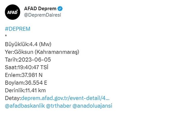 22. 5 Haziran'da Afet ve Acil Durum Yönetimi Başkanlığı'ndan (AFAD) yapılan açıklamaya göre saat 19:40'te Kahramanmaraş'ta 4,4 büyüklüğünde deprem meydana geldi.
