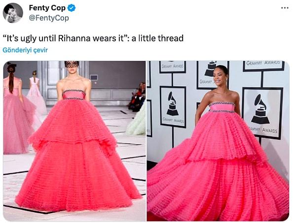 Tam da bu noktaya parmak basan bir X kullanıcısı "Rihanna giyene kadar çirkindir" diyerek ünlü ismin giydiği bütün tasarımları bir araya getirdi.