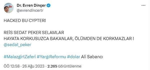 Ayrıca Aksaray Belediye Başkanı Dr. Evren Dinçer'in de hesabı hacklendi.  👇
