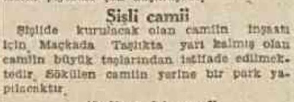 Hatta bu taşların Şişli Camii'de kullanılacağı da gazete ilanında duyurulmuş.