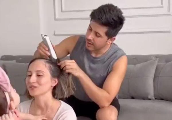 Bir adam, kanser tedavisi gören eşinin saçlarını kazıdı.