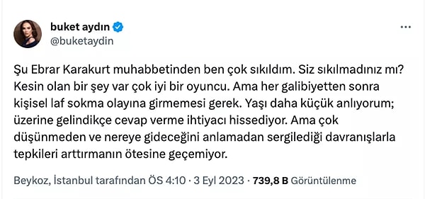 Final maçı öncesinde Buket Aydın’ın, Ebrar Karakurt hakkındaki paylaşımı da çok konuşuldu. Aydın, Ebrar için şu paylaşımı yaptı.