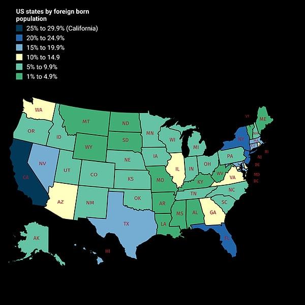 8. Amerikan eyaletlerindeki yabancı doğumlu nüfus dağılımı.