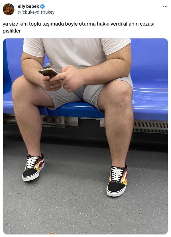 Twitter'da @icbukeydisbukey adlı bir kullanıcı, metroda bacaklarını açıp oturarak bir kişinin fotoğrafını "izinsiz" paylaştı. Bu durum kullanıcıların tepkisine neden oldu.