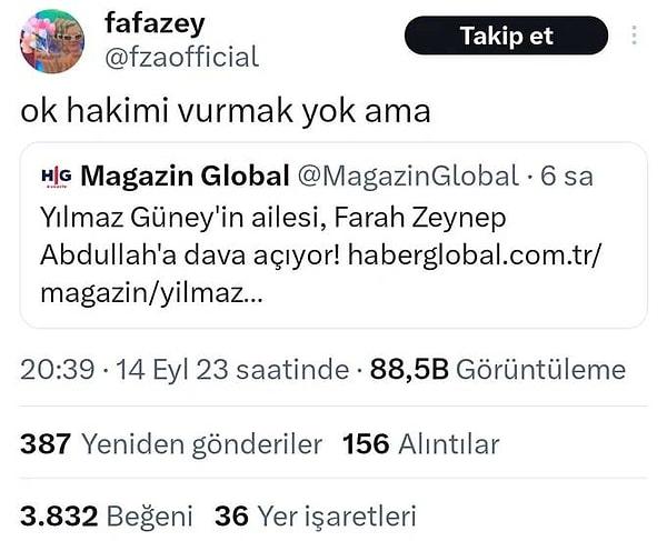 Farah Zeynep'in bu söyleminden sonra Yılmaz Güney'in ailesi, oyuncuya dava açacaklarını açıkladı. Abdullah, bu habere de böyle karşılık verdi 👇