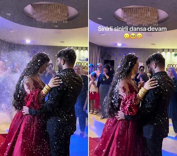 Gelinin dans ettiği sırada üzerine kar spreyi sıkılmasına verdiği tepki ise sosyal medyada viral oldu.