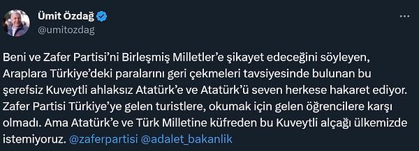 Zafer Partisi Genel Başkanı Ümit Özdağ Twitter'dan sert bir karşılık verdi.
