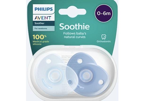 Bebeğin yüzünün doğal kıvrımlarına rahatça uyum sağlayan Philips Avent Soothie Emzik 0-6 Ay👇