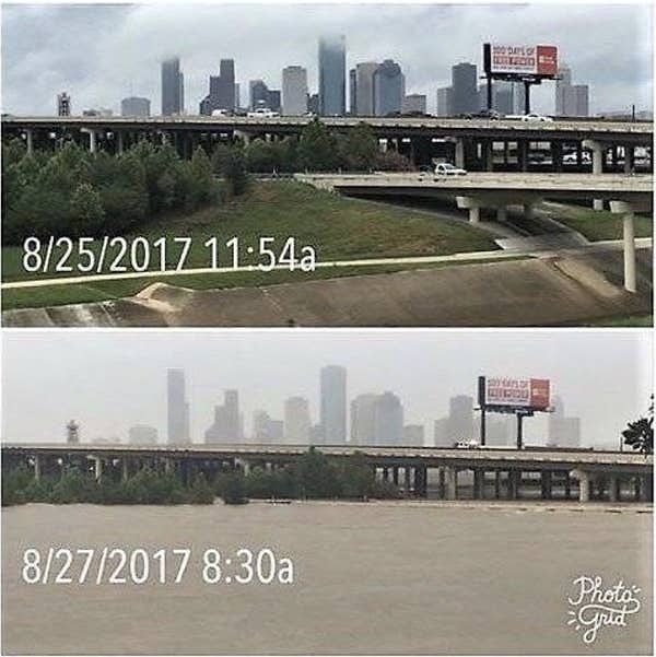 Houston prior to and following the impact of Hurricane Harvey in 2017: