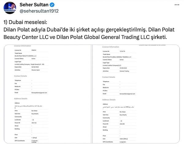 Dilan Polat'ın adını taşıyan Dubai'deki şirketlerle ilgili detayları şu şekilde paylaştı Sultan. 👇