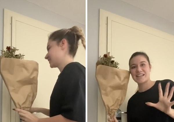 Yeni video akımında kadınlar, eve gelen eşlerinin eline çiçek tutuşturup kapıyı suratlarına kapatıyor. Ardından ise kendilerine çiçek alınmış gibi şaşırıyorlar.