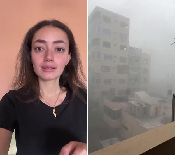 Gazze'de yaşayan Filistinli Plestia Alaqad isimli bir kadın da İsrail füzelerinin vurduğu şehirde meydana gelen basınç dalgalarını bir video çekerek gösterdi.