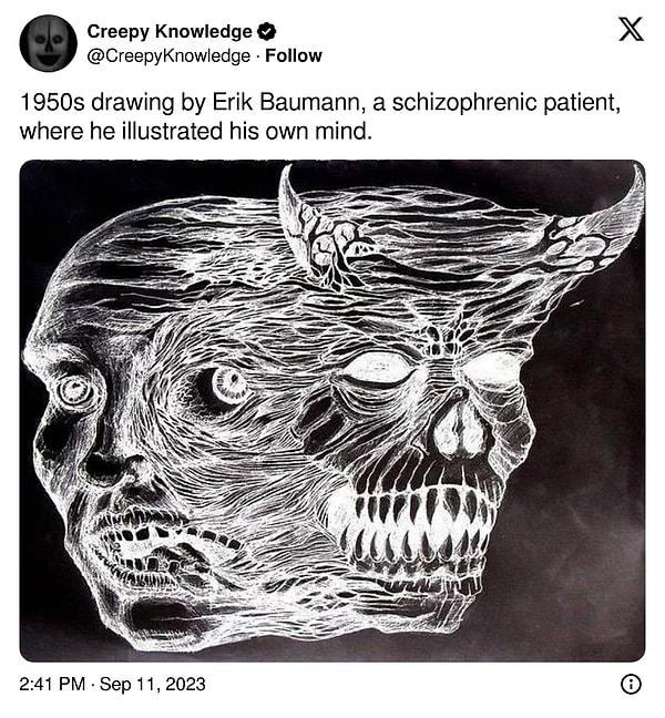 3. "1950'lerde bir şizofreni hastası olan Erik Baumann'ın kendi zihnini resmettiği çizimi."