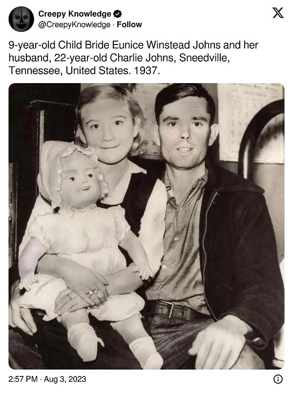 11. "9 yaşındaki çocuk gelin Eunice Winstead Johns ve kocası 22 yaşındaki Charlie Johns, Sneedville, Tennessee, Amerika Birleşik Devletleri. 1937."