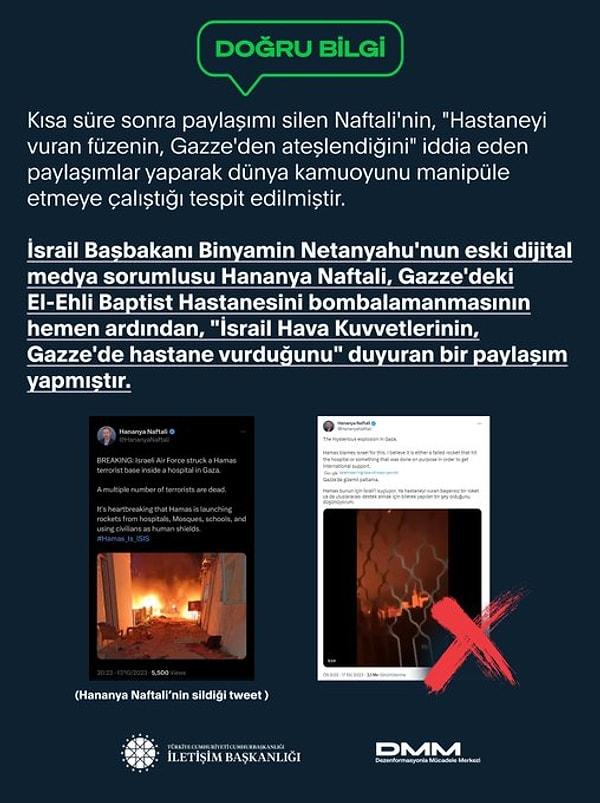 10. Binyamin Netanyahu'nun eski dijital medya sorumlusu Hananya Naftali'nin önce 'İsrail Gazze'de bir hastane vurdu' paylaşımı yapması ve sonra paylaşımı silip 'Saldırının Gazze'den yapıldığını' iddia etmesi üzerine,Naftali'nin sildiği paylaşım yayınlandı. Saldırıların Gazze'den yapılmadığını belirtildi.
