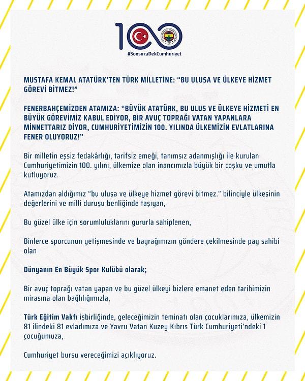 Fenerbahçe Spor Kulübü, Cumhuriyetimizin 100. yılı için sosyal sorumluluk projesi başlattığını duyurdu.