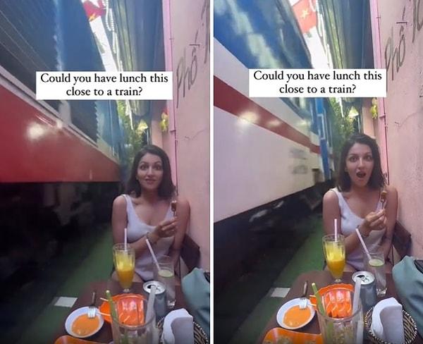 Dar sokaktan geçen trenin bulunduğu alanda yemek yiyen kadının o anları ise sosyal medyada viral oldu.