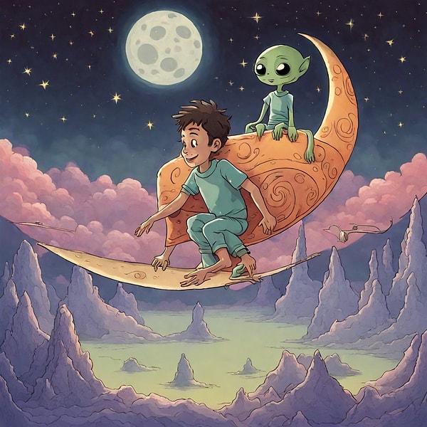 4.An alien stranded on Earth befriends a young boy, and together they fly over the moon on a magic carpet.