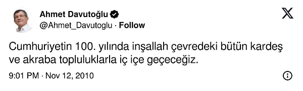 Cumhuriyet'in 100 yılını kutladığımız 29 Ekim 2023 tarihinde de Davutoğlu'nun 2010 yılında yaptığı paylaşım yeniden gündem oldu.