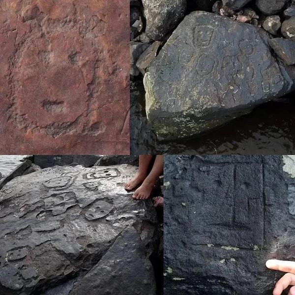 8. Amazon sularının çekilmesiyle ortaya çıkan antik taşlar. İnsan yüzlerinin, hayvanların ve doğal figürlerin tasvir edildiği bu taşların 2000 yıllık olduğuna inanılıyor.