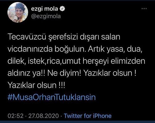 Musa Orhan'ın beraat kararının ardından sosyal medyada pek çok isim isyan etti. Bu isimlerden bir tanesi de oyuncu Ezgi Mola'ydı.