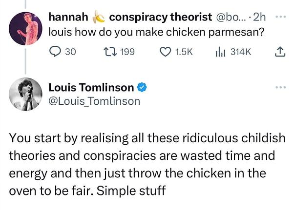 Hayran, "Louis, tavuk parmesanı nasıl yapıyorsun?" diye sordu. Ünlü şarkıcının cevabı ise şöyle oldu👇