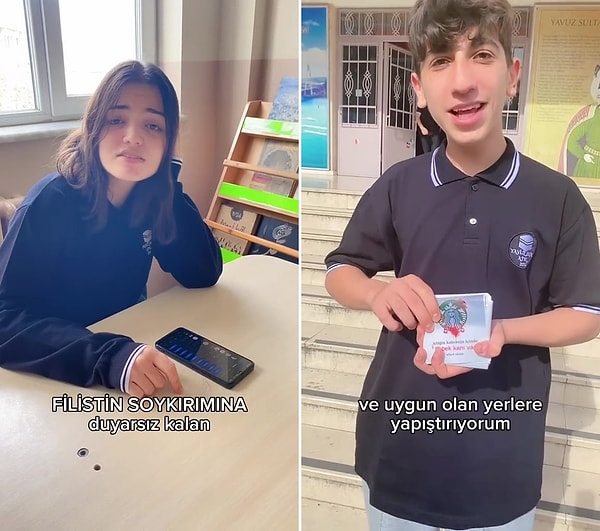 'Bugün Filistin için ne yaptın?' sorusuna cevap veren öğrencilerden kimisi, Filistin davasında bilinçlenmek için doğru kaynaklardan araştırma yaptığını belirtirken kimisi ise İsrail'e ait ürünlerin boykot edilmesi çalışmasına destek vermek için boykot sticlerlarını yanında taşıyıp uygun yerlere yapıştırdığını belirtti.