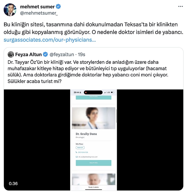 Gazeteci Mehmet Sümer, Dr. Tayyar Öz'ün sahibi olduğu klinikle ilgili bir iddia ortaya attı. Feyza Altun dün, kliniğin sayfasında tüm doktor isimlerinin yabancı olmasına dikkat çekmişti.