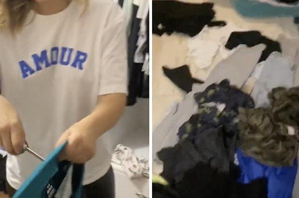 Bir kadın, tartıştığı eşinin tüm kıyafetlerini kestiği anları sosyal medya hesabından paylaştı.