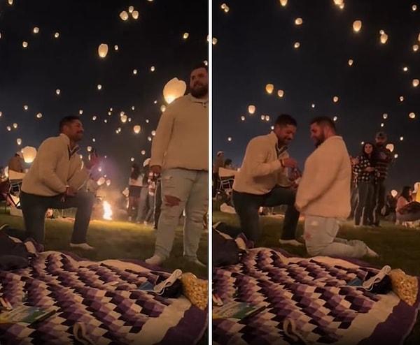 Olacaklardan habersiz bir şekilde dilek balonlarını izleyen ve arkasını döndüğünde evlenme teklifi alan o erkeğin görüntüleri ise sosyal medyada viral oldu.
