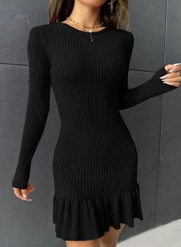 Trikom Kadın Siyah Etek Ucu Fırfırlı Mini Boy Triko Elbise