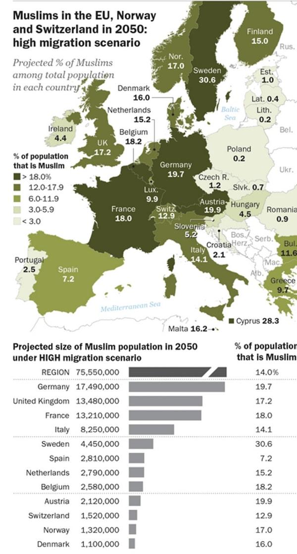 8. yüksek göçler gerçekleşmeye devam ederse 2050 yılında Avrupa'daki Müslüman nüfusun tahmini yüzdesi.