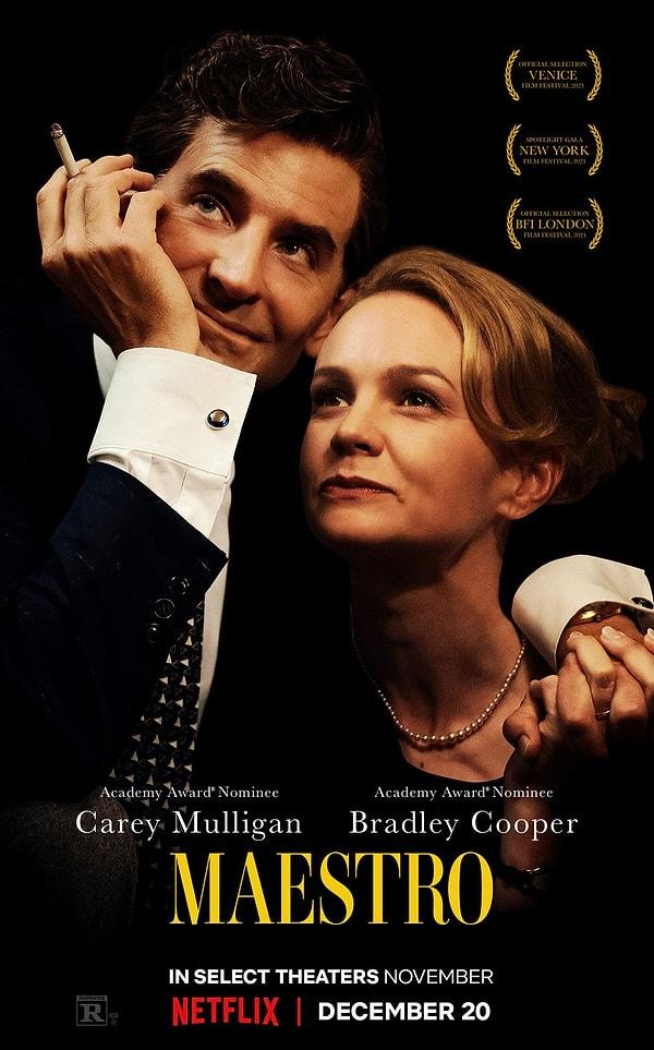 Bradley Cooper ve Carey Mulligan'ın başrollerini üstlendiği Maestro'dan yeni bir afiş yayınlandı. Leonard Bernstein'in hayatını konu alan film, 20 Aralık'ta Netflix'te yayınlanacak.