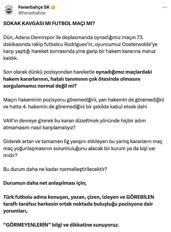 Fenerbahçe'nin açıklaması şöyleydi: