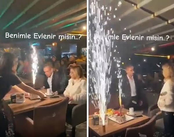 Bir kafede gerçekleşen evlenme teklifinde, sahnedeki şarkıcı 'Teklif ediyorum benimle evlenir misin?' şarkısını söylerken çiftin masasına üzerine meşale olan pasta ve meyve tabağı geldi.