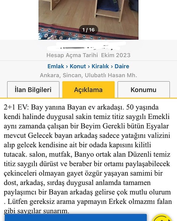 Bu kez "Bay yanına bayan ev arkadaşı arayan" bir ev sahibinin kiralık ilan sitesinde verdiği ayrıntılar dikkatleri çekti👇