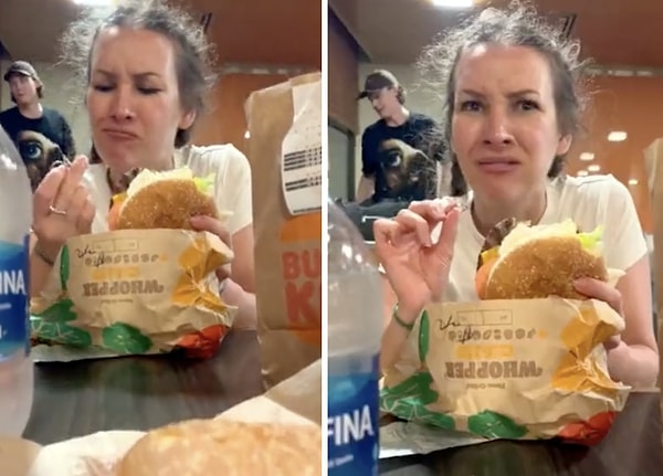 Hamburgerin içinde yüzüğe denk gelen kadın, bulduğu şeyin yüzük olduğunu fark edemeyince ortaya güldüren bir görüntü çıktı.