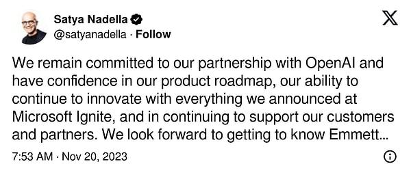 Satya Nadella da kendi resmi X (Twitter) hesabında da şunlar dile getirdi.