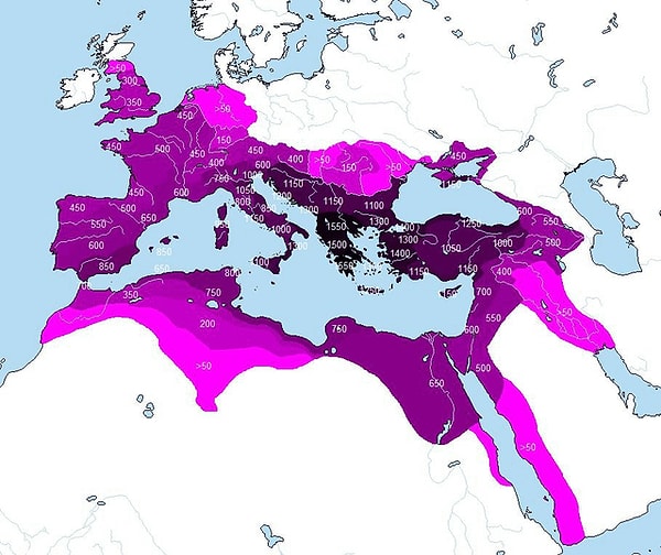 2. İmparatorluğun bir parçası olarak geçirdikleri yaklaşık yıl sayısına göre Roma İmparatorluğu toprakları.