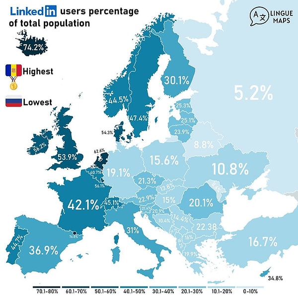7. Ülkelere göre LinkedIn kullanıcılarının toplam nüfusa karşı yüzdesi.