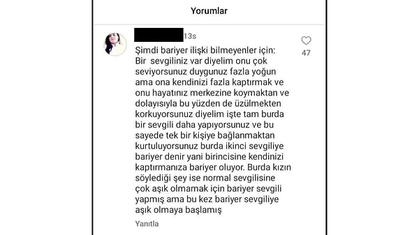 Sosyal medyada bir gönderiye yapılan bariyer ilişki yorumu ise şu şekilde: